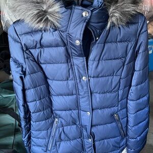 Women's Blue Puffer Jacket with Faux Fur Hood